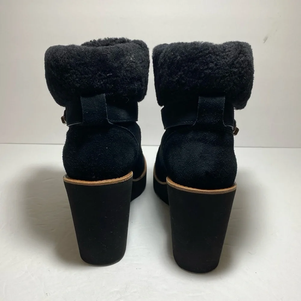 Coach Kenna Shearling Suede Black Leather  Wedge Booties Ankle Boots Size 7.5